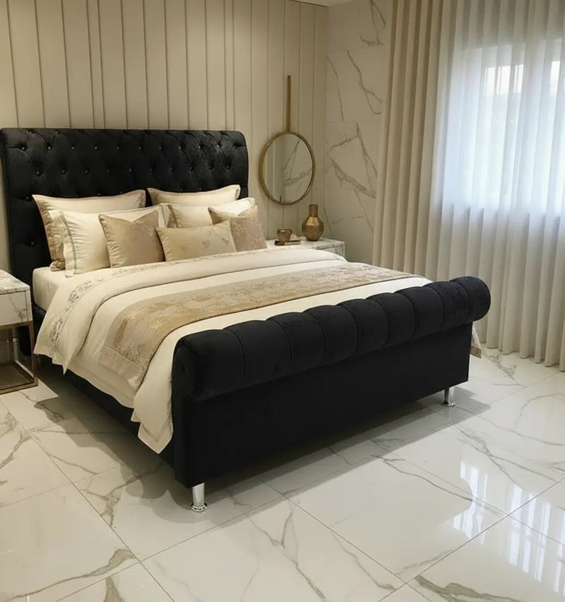 Crown Sleigh Crushed Velvet Bed – Bespoke Handmade Design FIL