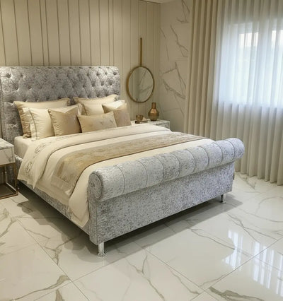 Crown Sleigh Crushed Velvet Bed – Bespoke Handmade Design FIL
