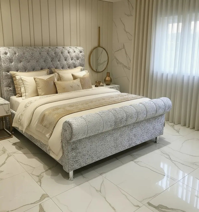 Crown Sleigh Crushed Velvet Bed – Bespoke Handmade Design FIL