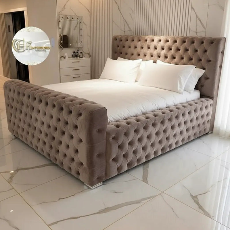 Ambassador Premium Bed Frame in Plush Velvet – Bespoke Handcrafted Chesterfield Design fil