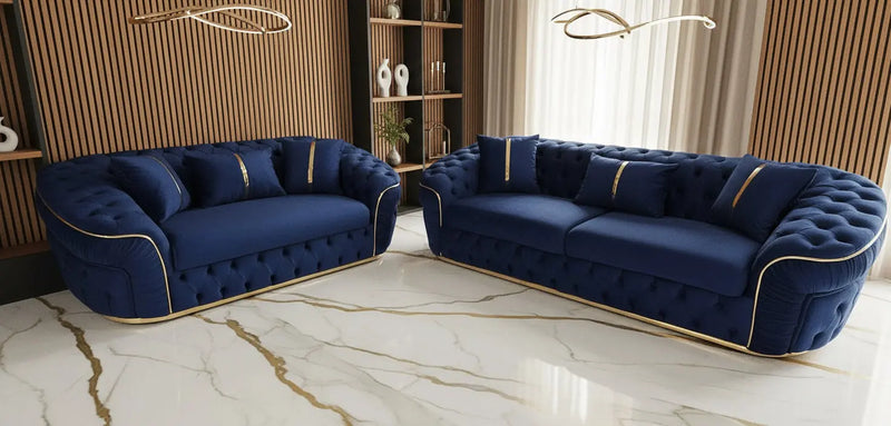 Ambassador 3+2 Seater Sofa Set – Navy Velvet with Gold Detailing | Modern Luxury Sofa CELEBRITY INTERIORS