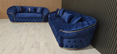 Ambassador 3+2 Seater Sofa Set – Navy Velvet with Gold Detailing | Modern Luxury Sofa CELEBRITY INTERIORS
