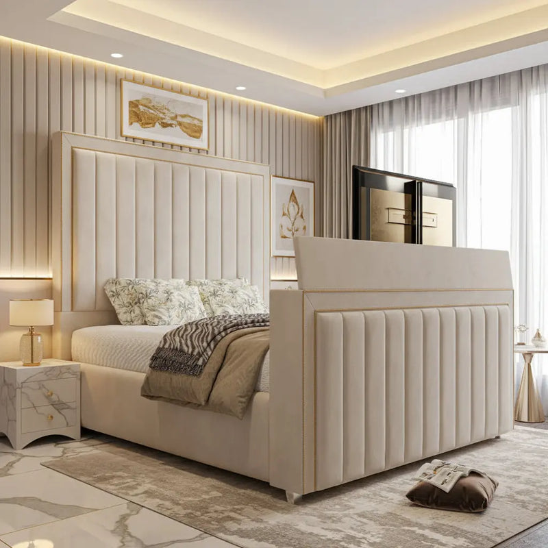 Amelia Upholstered Soft Velvet Phonematic Tv Bespoke Bed Frame FI INTERIORS