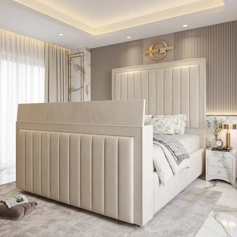 Amelia Upholstered Soft Velvet Phonematic Tv Bespoke Bed Frame FI INTERIORS