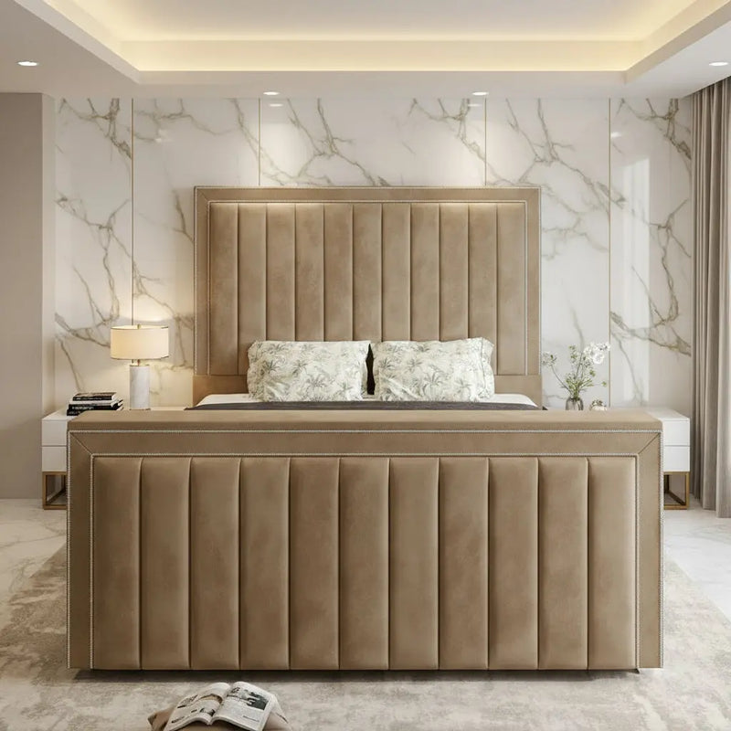 Amelia Upholstered Soft Velvet Phonematic Tv Bespoke Bed Frame FI INTERIORS