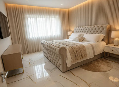 Dicaprio Plush Velvet Sleigh Bed – Bespoke Handcrafted Chesterfield Bedframe (Made in the UK) fil