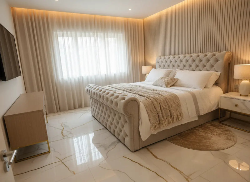 Dicaprio Plush Velvet Sleigh Bed – Bespoke Handcrafted Chesterfield Bedframe (Made in the UK) fil