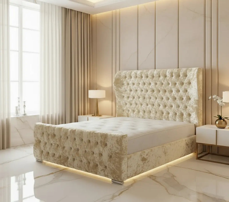 Oxford Curved Wingback Crushed Velvet Bed Frame – Bespoke Handmade Design fil