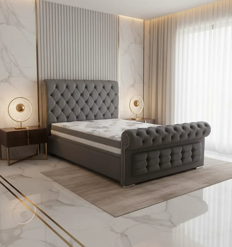 Sleigh Cubed Chesterfield Plush Velvet Bed Frame – Bespoke Handcrafted Bed (Made in the UK) F I L