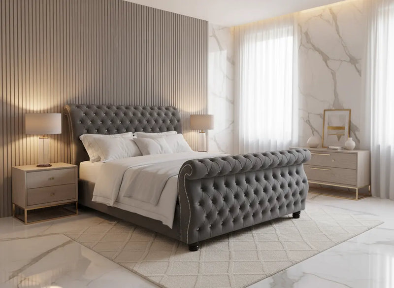 Swan Sleigh Chesterfield Plush Velvet Bed Frame – Bespoke Handcrafted Bed (Made in the UK) FIL