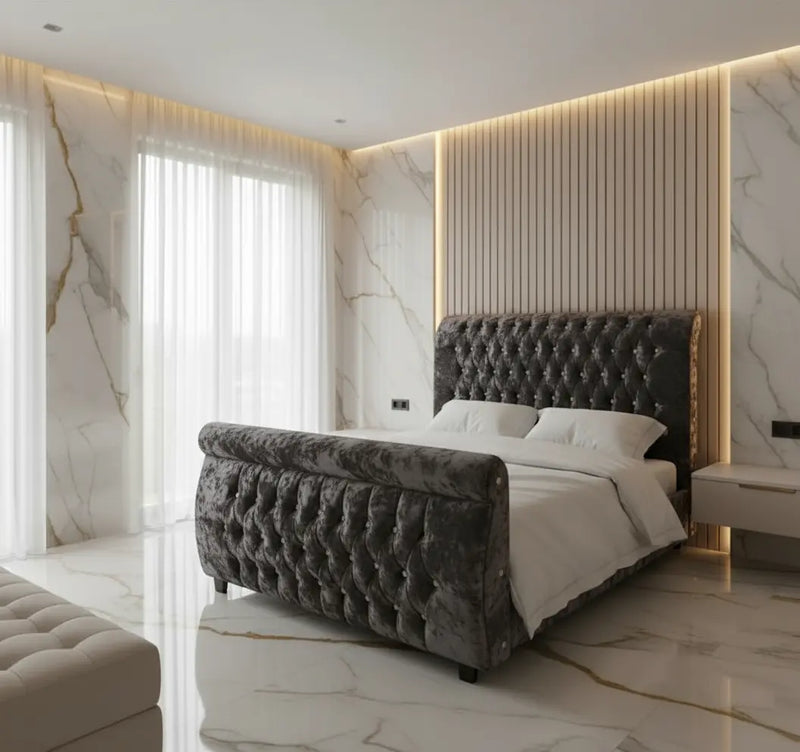 Swan Curved Sleigh Chesterfield Crushed Velvet Bed Frame – Bespoke Handcrafted Bed (Made in the UK) FIL