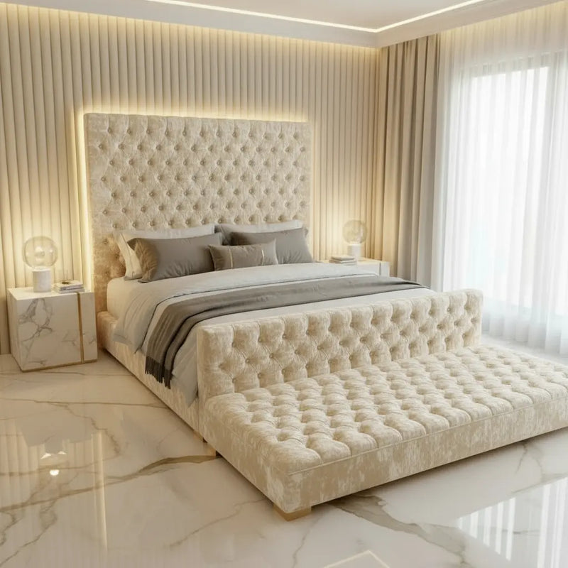 Arizona High Headboard Chesterfield Crushed Velvet Bed Frame – Bespoke Handcrafted Bedstead (Made in the UK) FIL