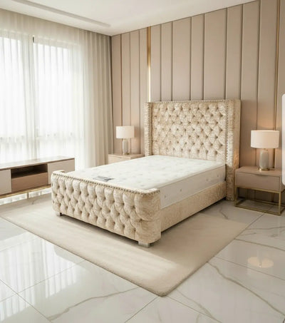 Aries Crushed Velvet Wingback Bed – Bespoke Handcrafted Bedstead (Made in the UK) FIL