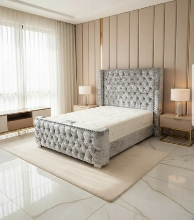 Aries Crushed Velvet Wingback Bed – Bespoke Handcrafted Bedstead (Made in the UK) FIL