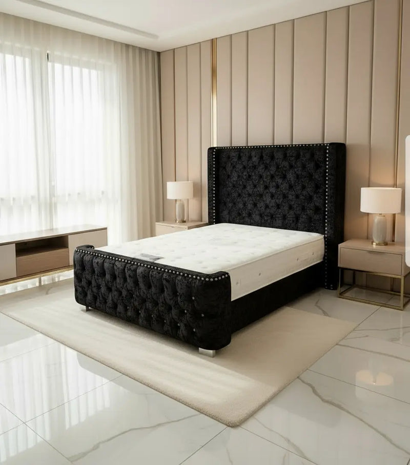 Aries Crushed Velvet Wingback Bed – Bespoke Handcrafted Bedstead (Made in the UK) FIL