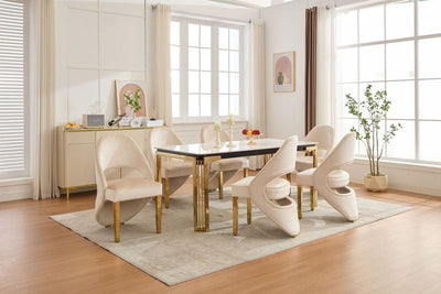 Santorini Sintered Stone Dining Table + Cream & Gold Dining Chairs