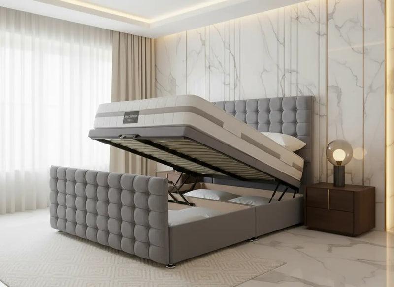 Cubed style ottoman gaslift bed in plush velvet FIL