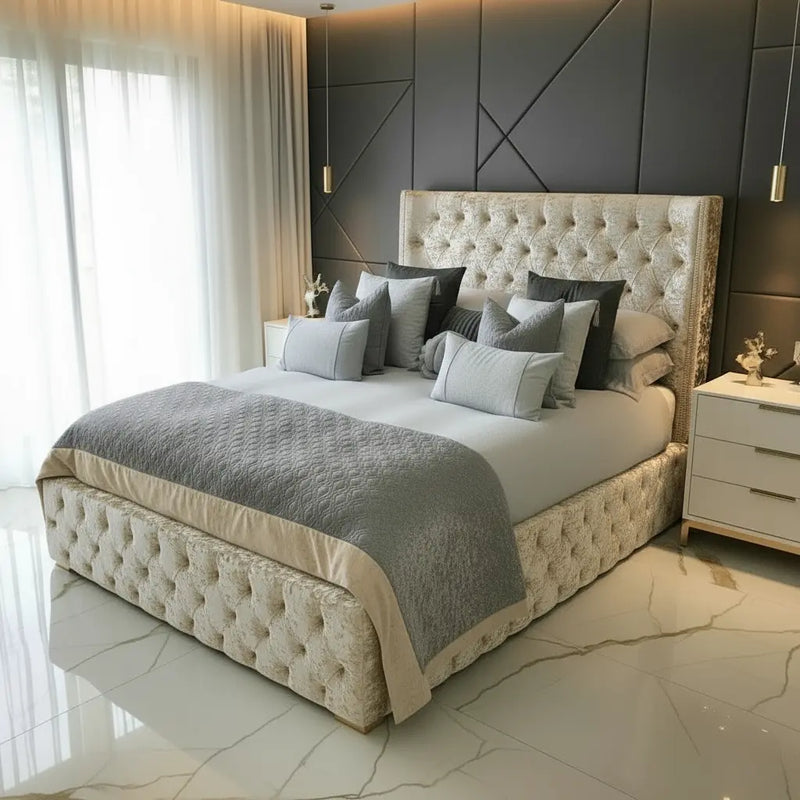 Luxe Curved Wingback Crushed Velvet Bed Frame – Bespoke Handmade Design FIL