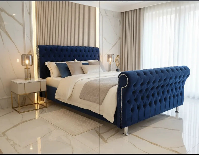 Dicaprio Plush Velvet Sleigh Bed – Bespoke Handcrafted Chesterfield Bedframe (Made in the UK) fil