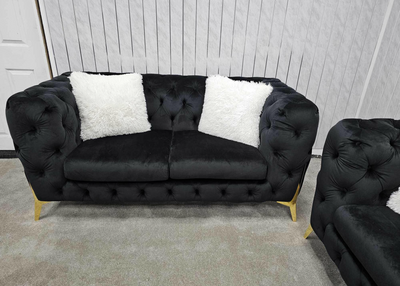 Hermes 2 Seater Chesterfield Plush Velvet Sofa Black & Gold