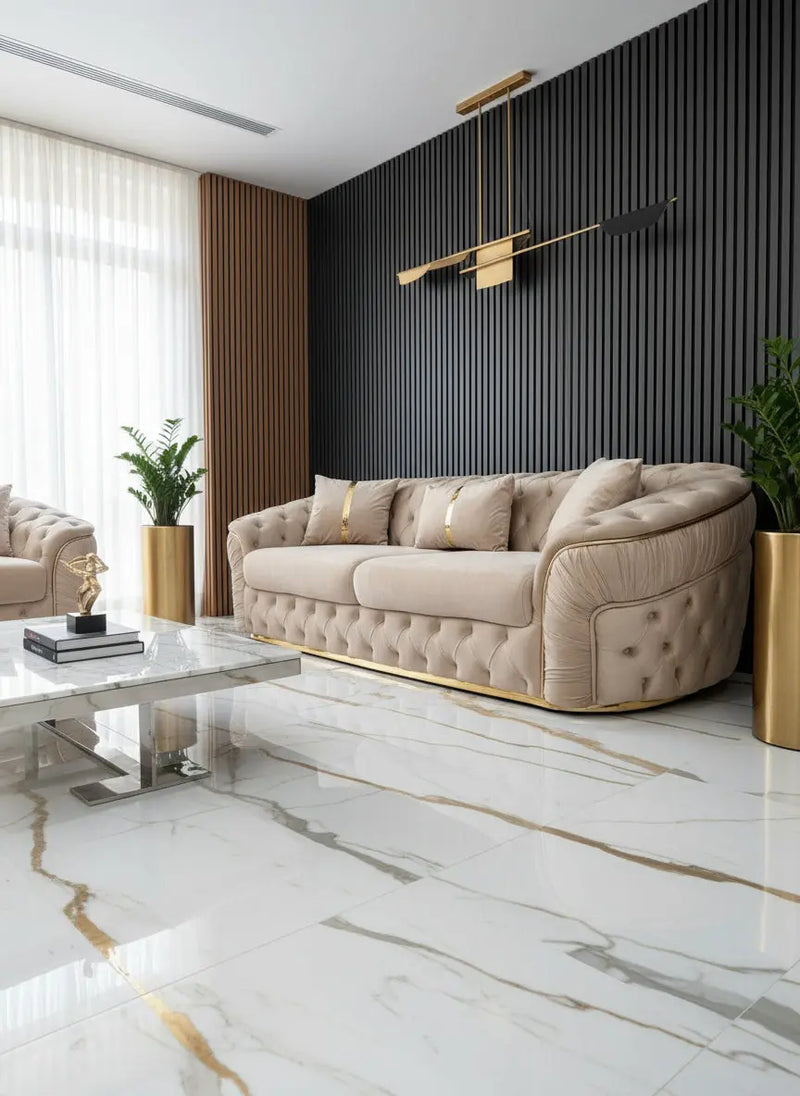 Ambassador 3+2 Seater Sofa – Champagne Velvet with Gold Detailing | Luxury Modern Sofa CELEBRITY INTERIORS