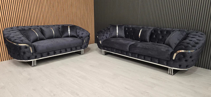 Kingston 3+2 sofa in anthracite grey velvet with chrome detailing & legs