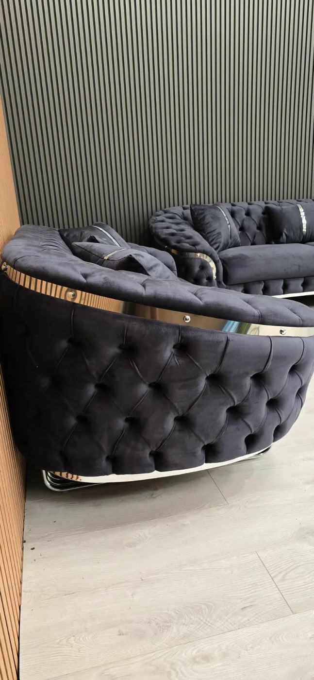 Kingston 3+2 sofa in anthracite grey velvet with chrome detailing & legs
