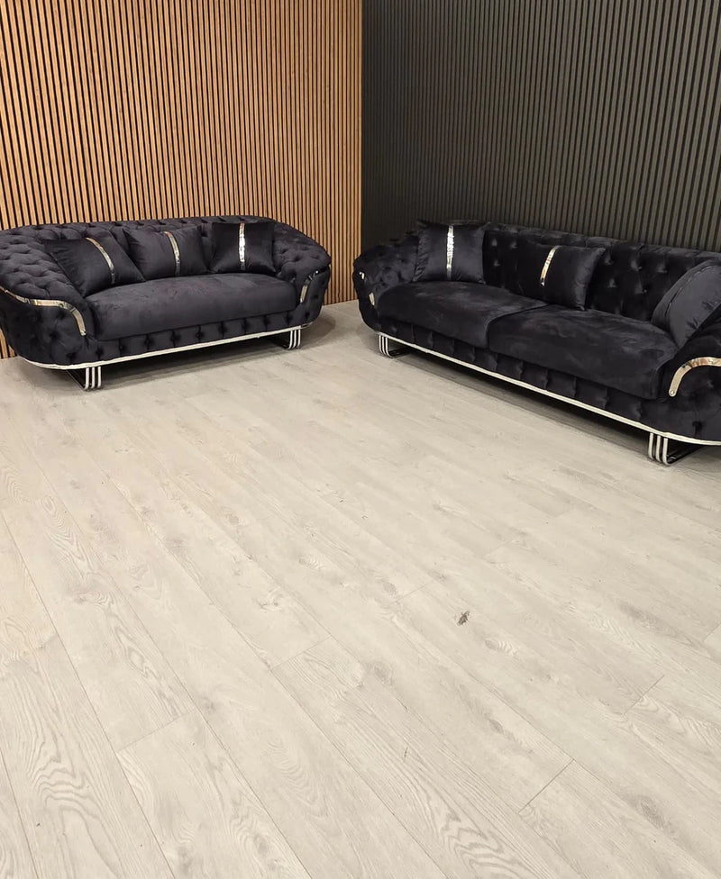 Kingston 3+2 sofa in anthracite grey velvet with chrome detailing & legs