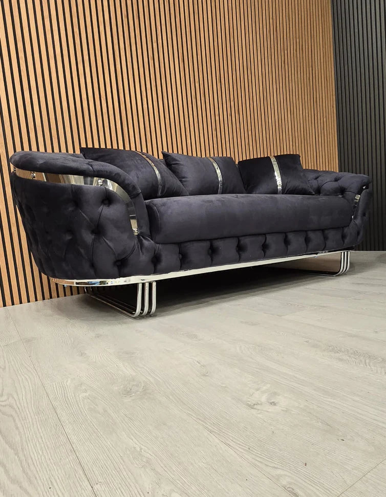 Kingston 3+2 sofa in anthracite grey velvet with chrome detailing & legs