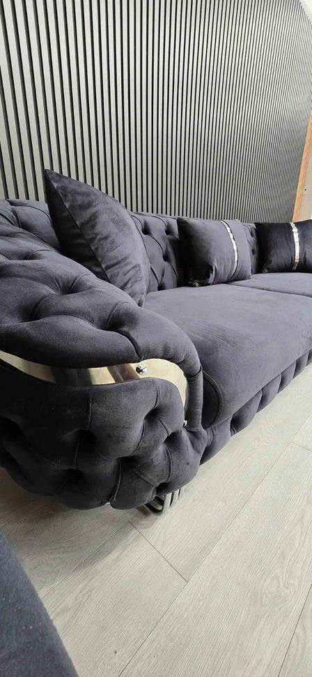 Kingston 3+2 sofa in anthracite grey velvet with chrome detailing & legs