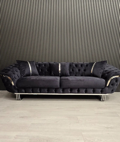 Kingston 3+2 sofa in anthracite grey velvet with chrome detailing & legs