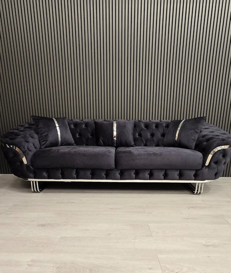 Kingston 3+2 sofa in anthracite grey velvet with chrome detailing & legs