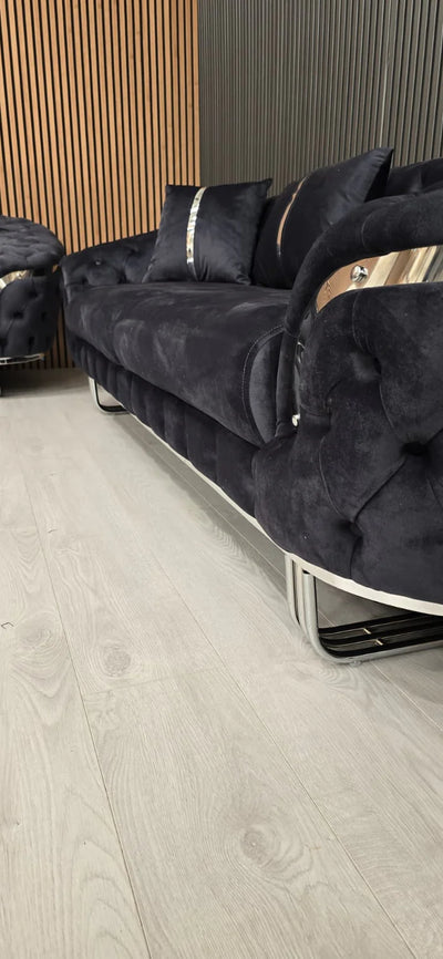 Kingston 3+2 sofa in anthracite grey velvet with chrome detailing & legs