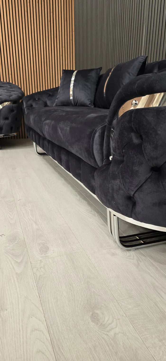 Kingston 3+2 sofa in anthracite grey velvet with chrome detailing & legs