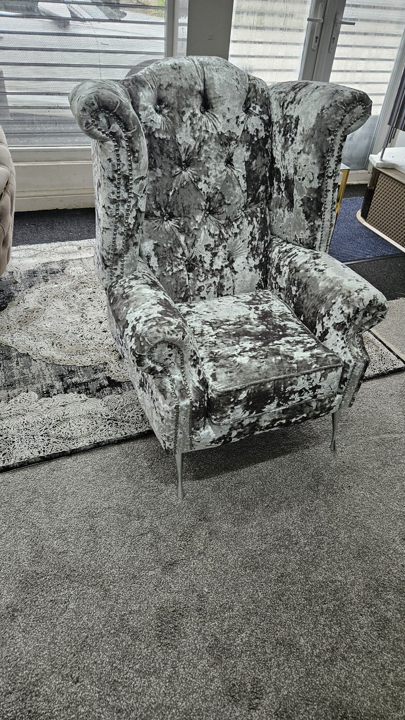 Chesterfield Queen Anne High Back Wing Chair Mercury Lustro Crushed Velvet