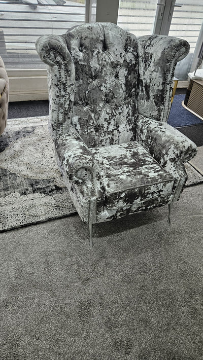 Chesterfield Queen Anne High Back Wing Chair Mercury Lustro Crushed Velvet