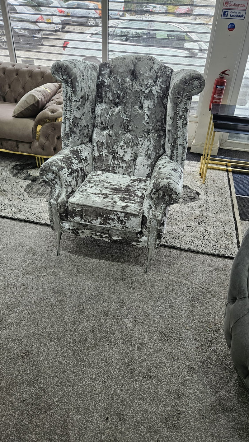 Chesterfield Queen Anne High Back Wing Chair Mercury Lustro Crushed Velvet