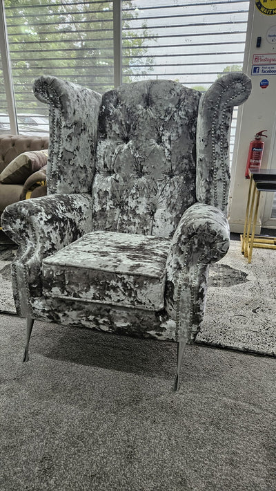 Chesterfield Queen Anne High Back Wing Chair Mercury Lustro Crushed Velvet