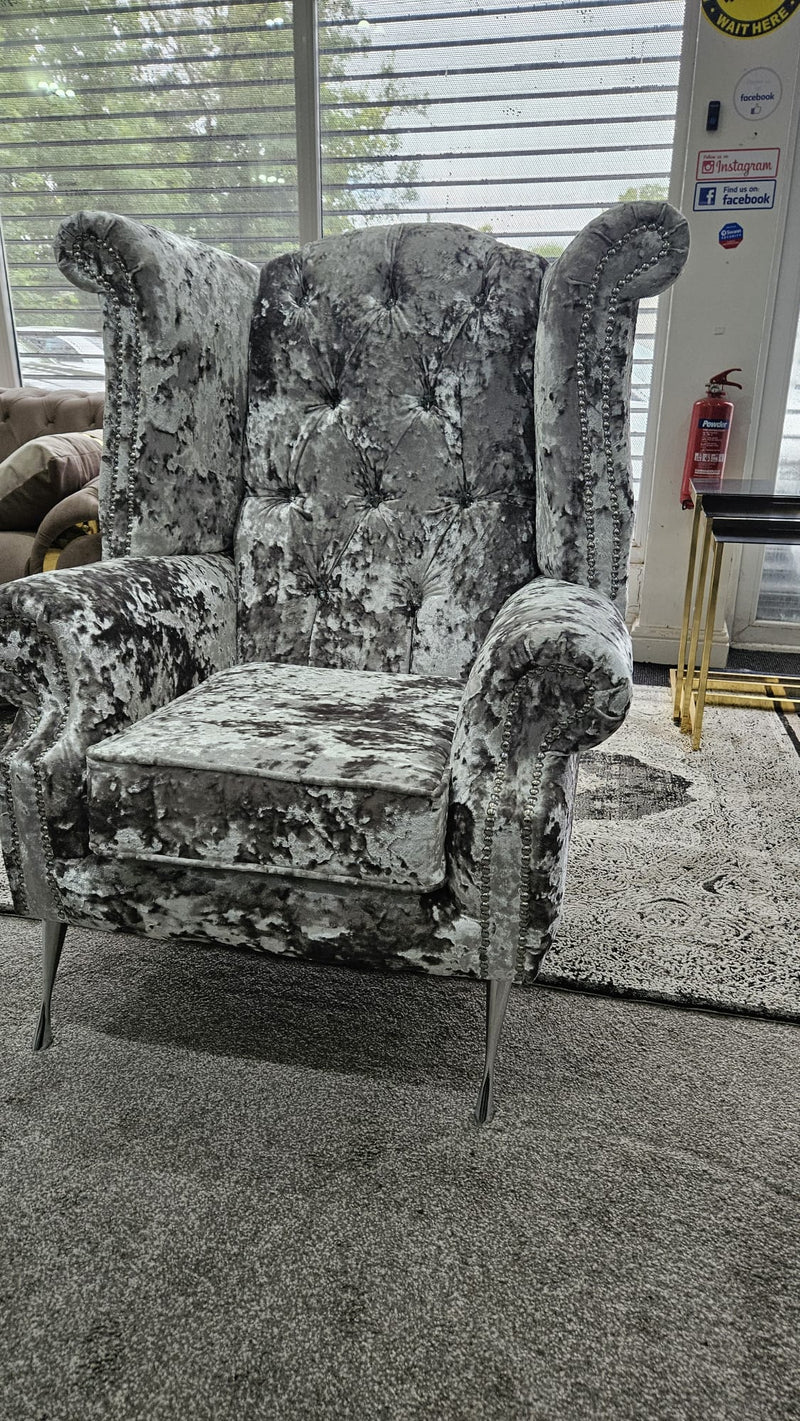 Chesterfield Queen Anne High Back Wing Chair Mercury Lustro Crushed Velvet