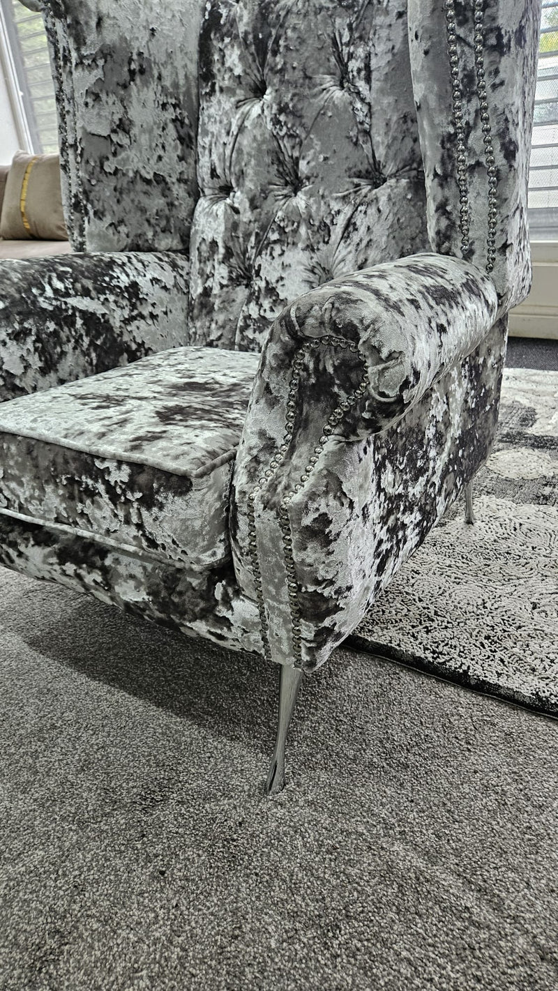 Chesterfield Queen Anne High Back Wing Chair Mercury Lustro Crushed Velvet