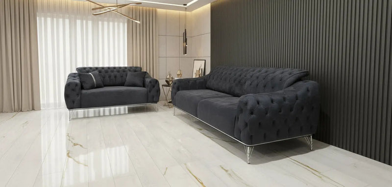 Monalisa 3+2 Seater Sofa Set – Steel Velvet with Chrome Detailing & Legs | Luxury Modern Sofa F I INTERIORS