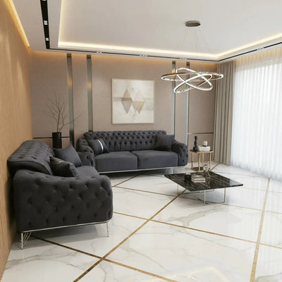 Monalisa 3+2 Seater Sofa Set – Steel Velvet with Chrome Detailing & Legs | Luxury Modern Sofa F I INTERIORS