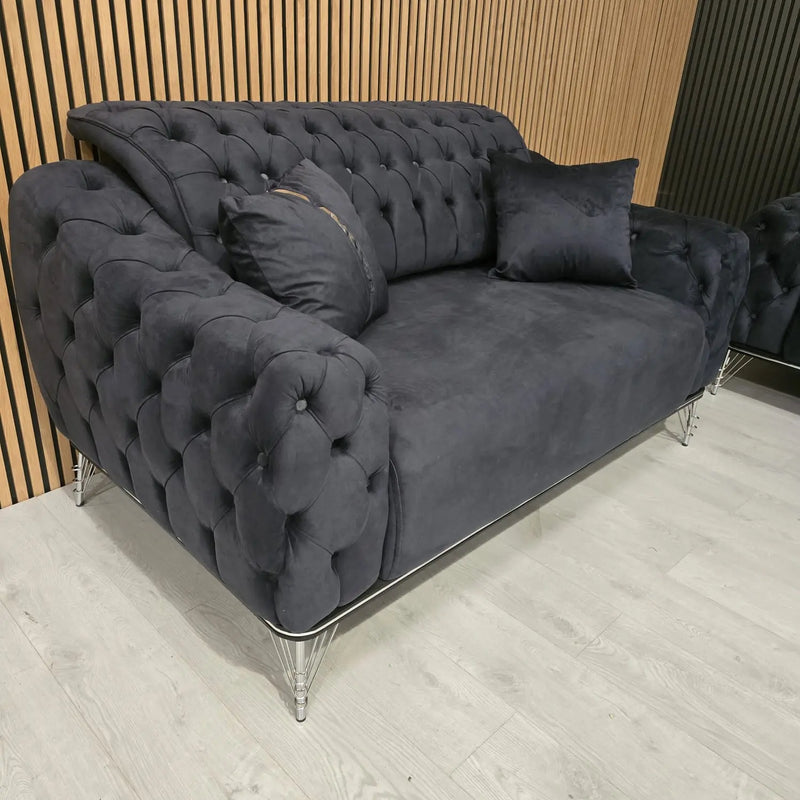 Monalisa 3+2 Seater Sofa Set – Steel Velvet with Chrome Detailing & Legs | Luxury Modern Sofa F I INTERIORS