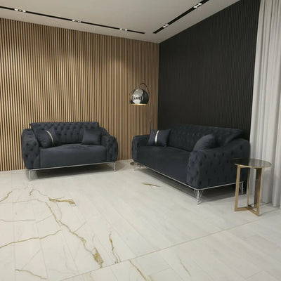 Monalisa 3+2 Seater Sofa Set – Steel Velvet with Chrome Detailing & Legs | Luxury Modern Sofa F I INTERIORS