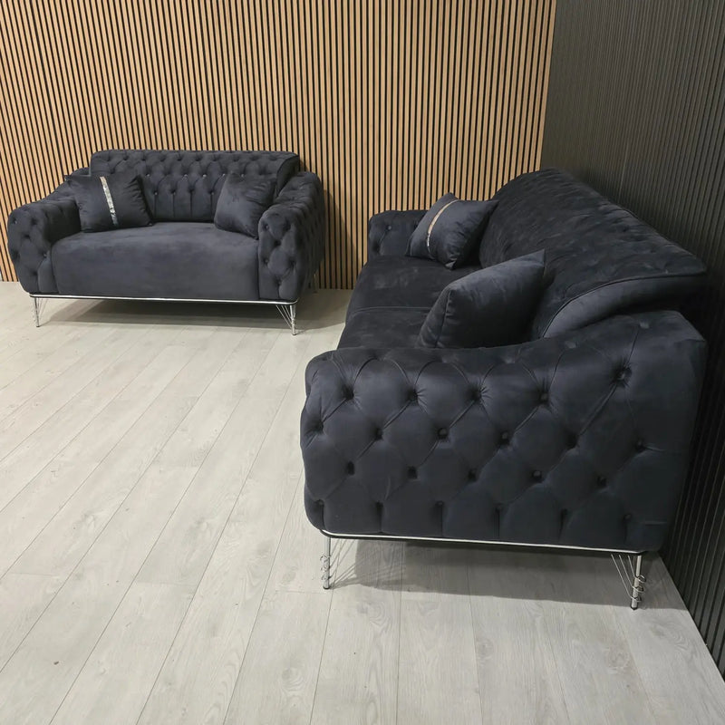 Monalisa 3+2 Seater Sofa Set – Steel Velvet with Chrome Detailing & Legs | Luxury Modern Sofa F I INTERIORS