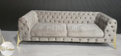 Hermes Chesterfield 3+2 Beige Plush Velvet Gold Legs