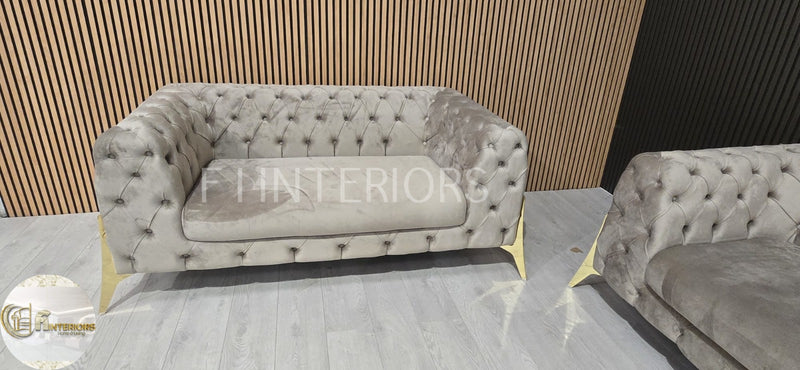 Hermes Chesterfield 3+2 Beige Plush Velvet Gold Legs