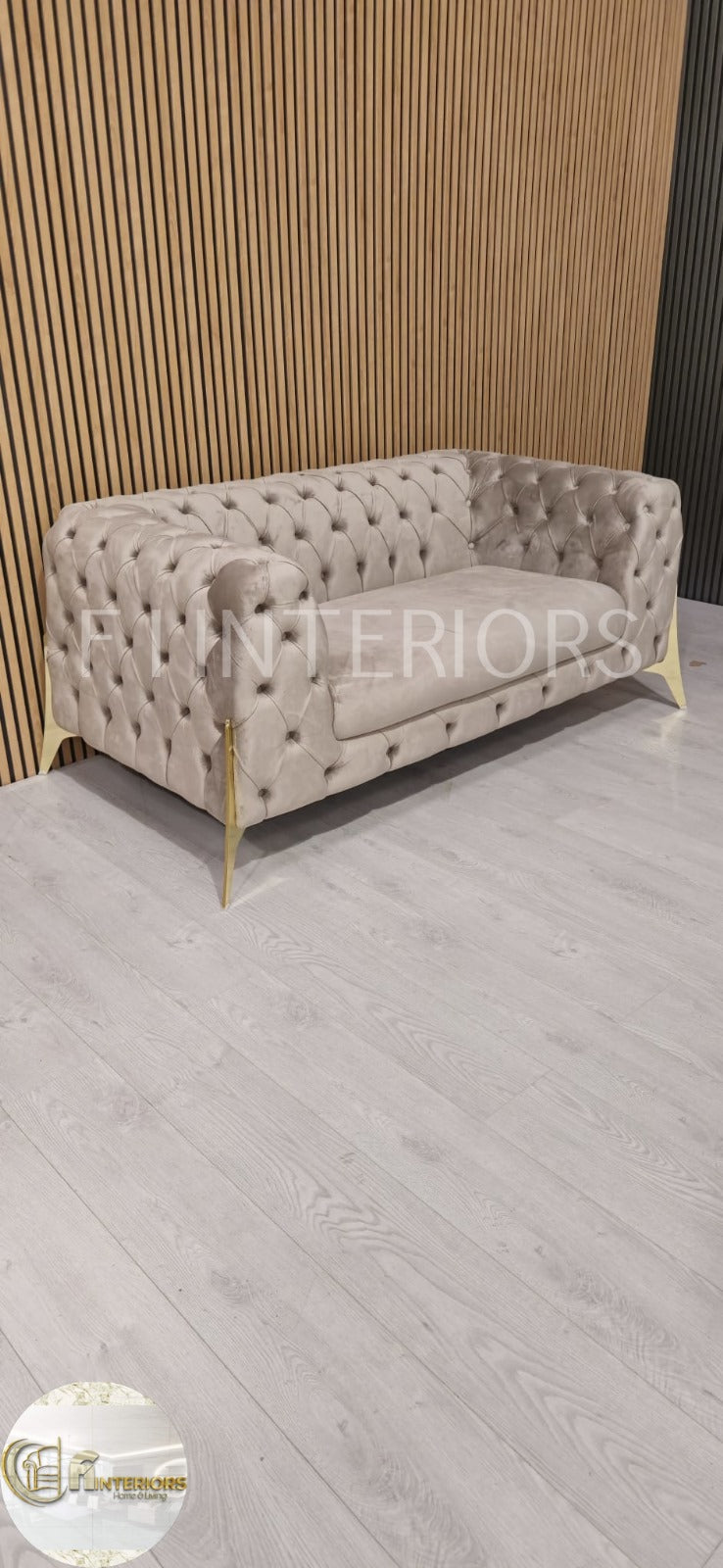 Hermes Chesterfield 3+2 Beige Plush Velvet Gold Legs