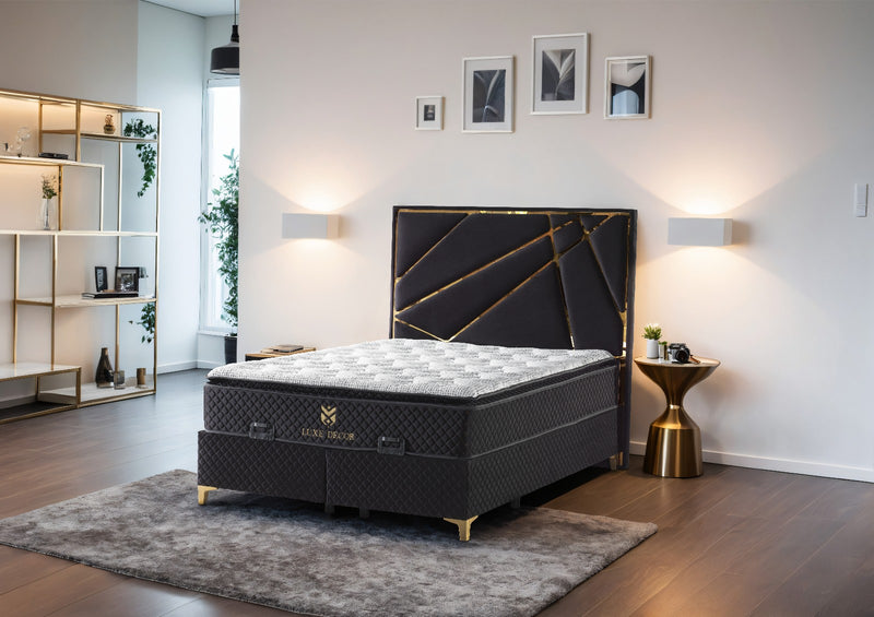 Helix Divan Bed & Mattress Set Kingsize Black Velvet & Gold