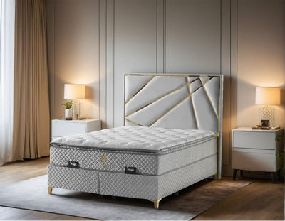 Helix Divan Bed & Mattress Set Double Silver Velvet & Gold